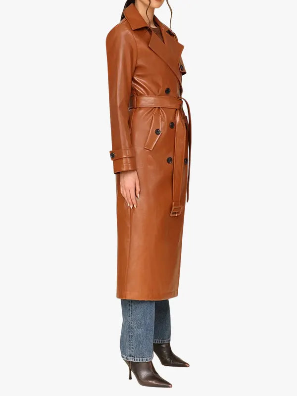 Double Breasted Glazed Faux Leather Long Trench Belted Coat