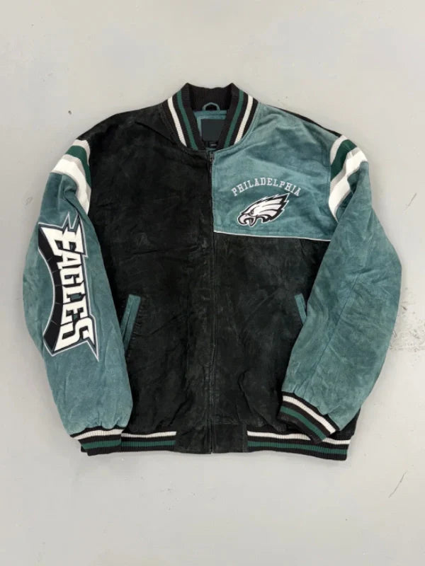 EVI11 Twin Philadelphia Eagles Vintage Suede Bomber Jacket
