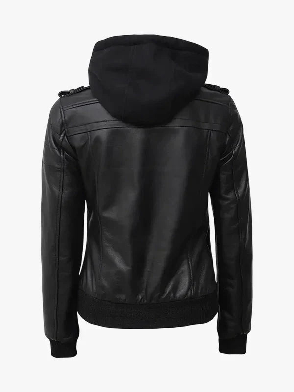 Edinburgh Bomber Black Leather Jacket with Removable Hood