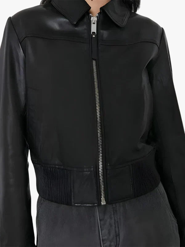 Elegant Noir Women Black Leather Bomber Jacket