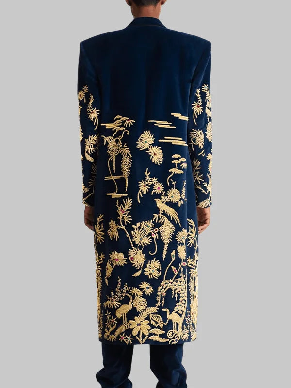 Embroidered Golden Peacock Blue Long Coat