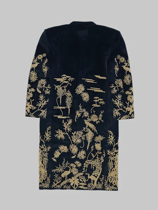 Embroidered Golden Peacock Coat Blue