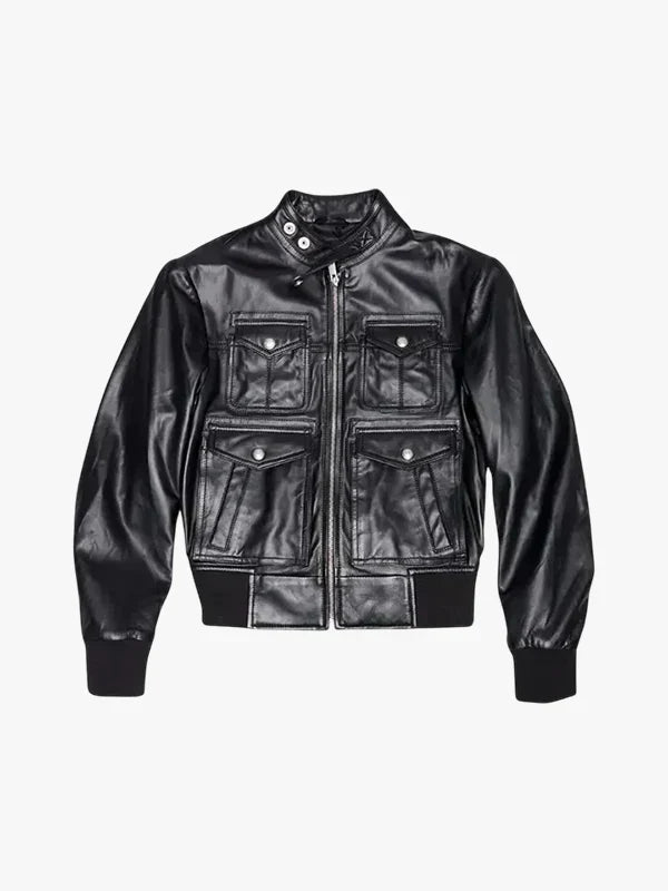 Emma Black Leather Bomber Jacket