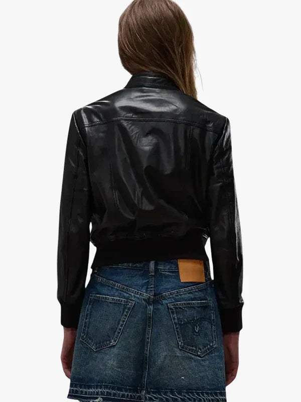 Emma Black Leather Bomber Jacket with Four-Pocket Design