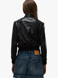 Emma Black Leather Bomber Jacket with Four-Pocket Design