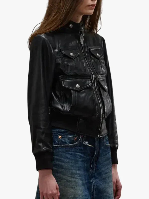 Emma Women's Black Leather Bomber Jacket