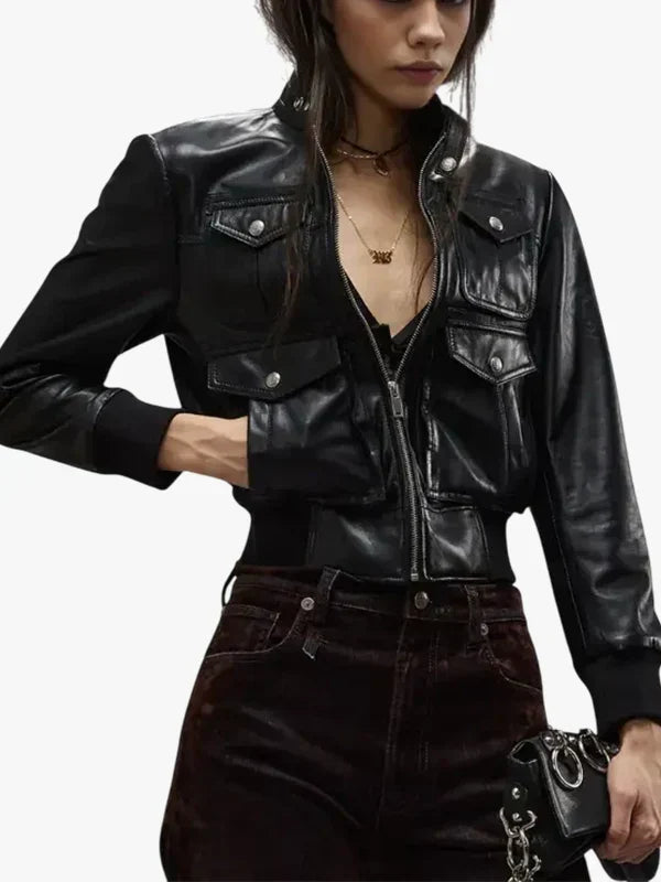 Emma Womens Black Leather Bomber Jacket