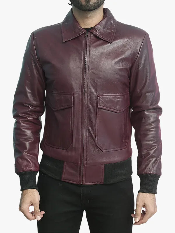 Ernesto Mens Maroon Leather Bomber Jacket