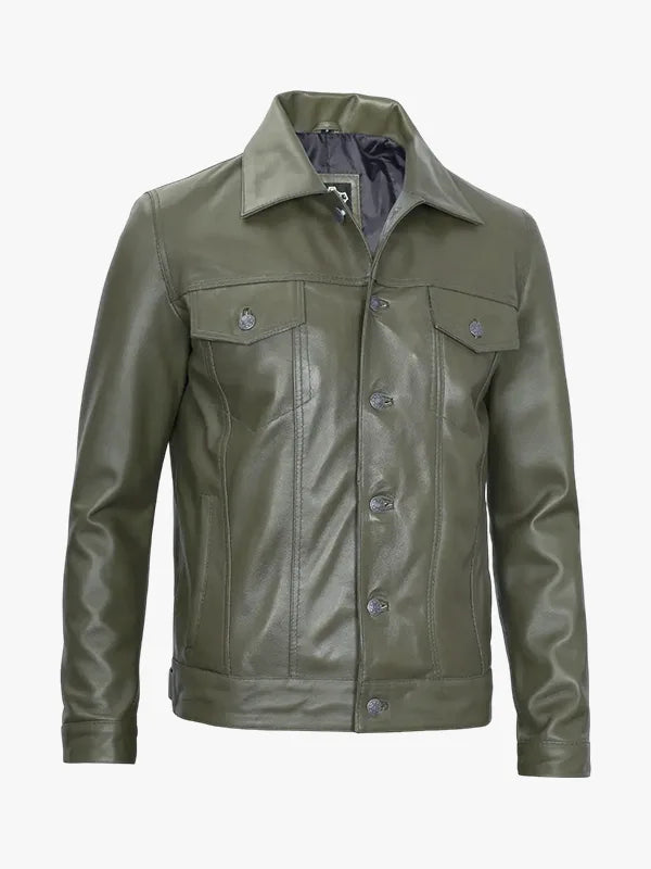 Fernando Mens Olive Green Real Trucker Leather Jacket