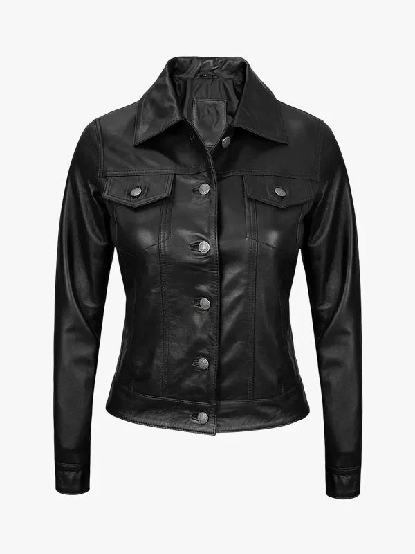 Fernando Women Black Leather Trucker Jacket