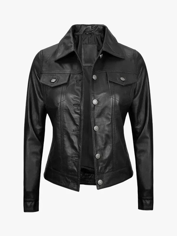 Fernando Women's Black Leather Trucker Jacket
