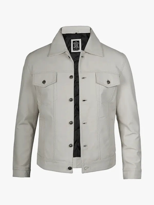 Four Pocket Men’s Off White Trucker Leather Jacket