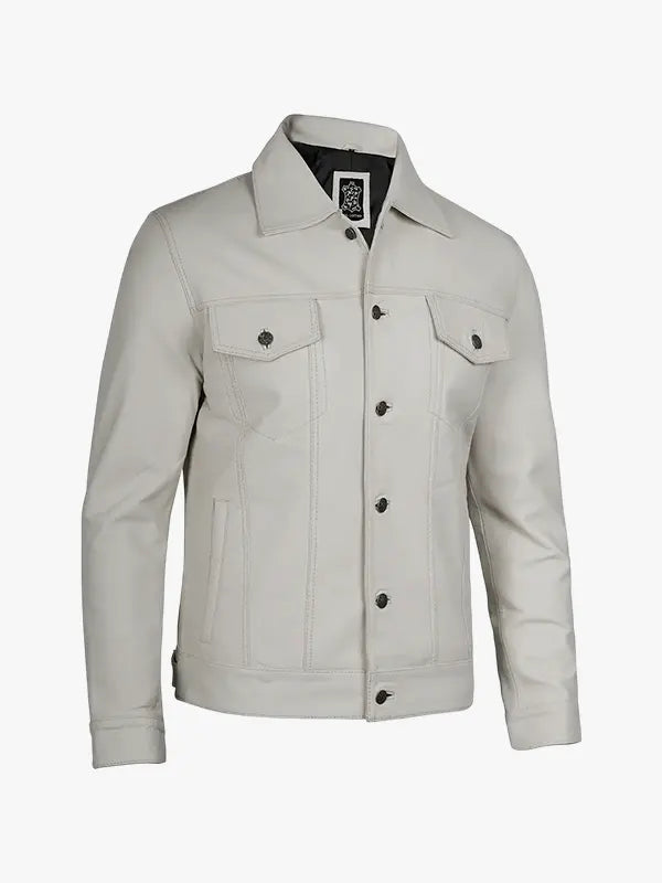 Four Pocket Off White Men’s Leather Trucker Jacket