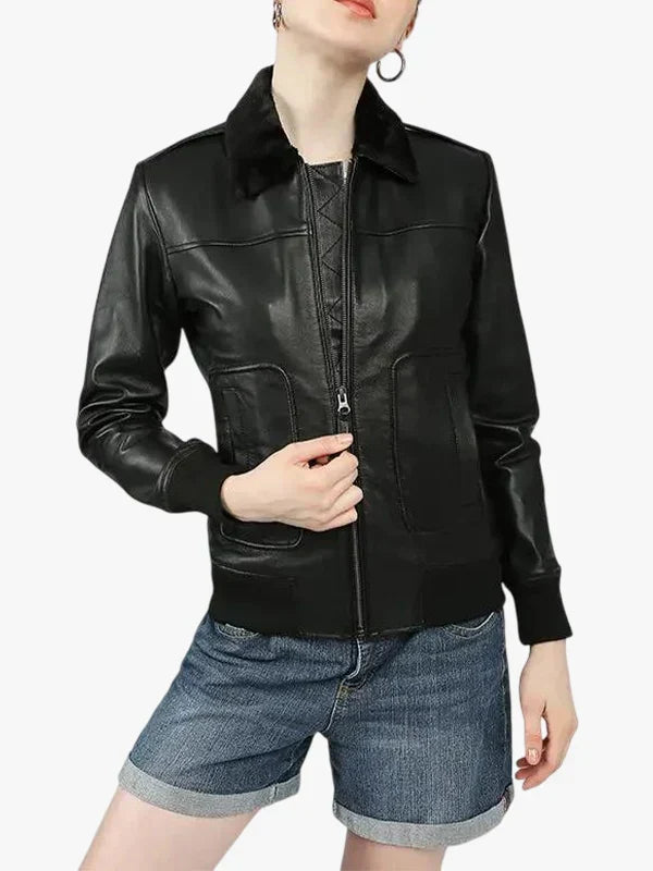 Gemma Black Bomber Leather Jacket with Fur