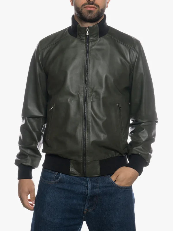 Genuine Leather Olive Bomber Jacket For Men