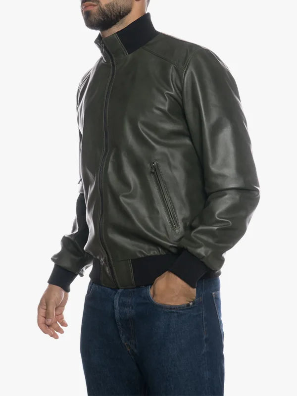 Genuine Leather Olive Men Bomber Jacket