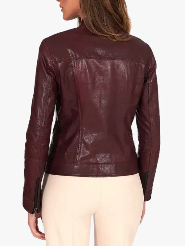 Giulia - Bordeaux leather biker jacket four zipper pockets
