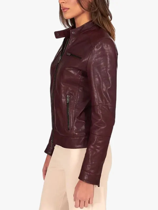 Giulia - Bordeaux vegetable leather jacket four zipper pockets