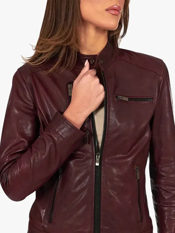 Giulia Bordeaux Vegetable Women Leather Biker Jacket