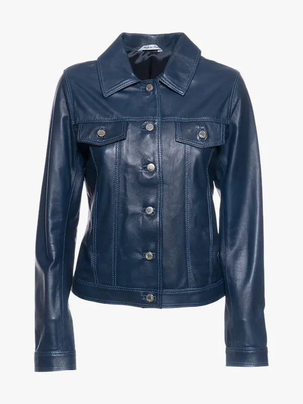 Giusy Ladies Blue Biker Style Leather Jacket
