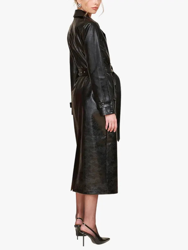 Glazed Faux-Ever Leather Belted Trench Coat Bleak For Women