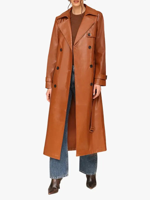 Glazed Faux-Ever Leather Belted Trench Coat Brown