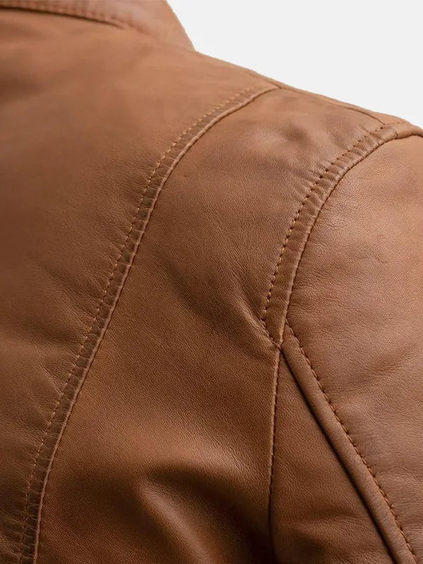 Grayson Mens Leather Brown Jacket Back Shoulder Close Up