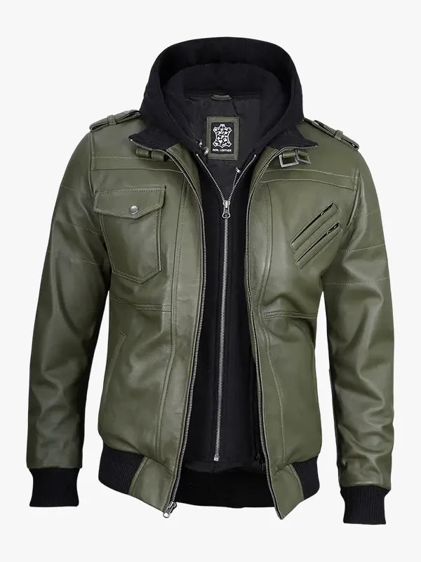 Green Bomber Leather Jacket With Removable Hood