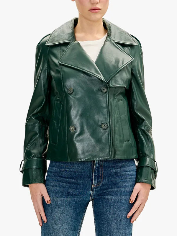 Green Double Breasted Short Trench Jacket