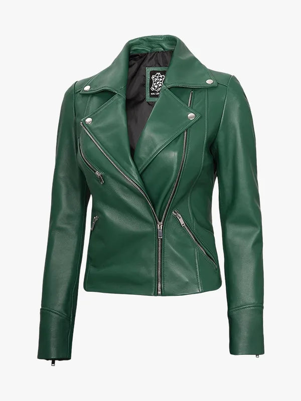 Green Motorcycle Zipper Jacket For Women