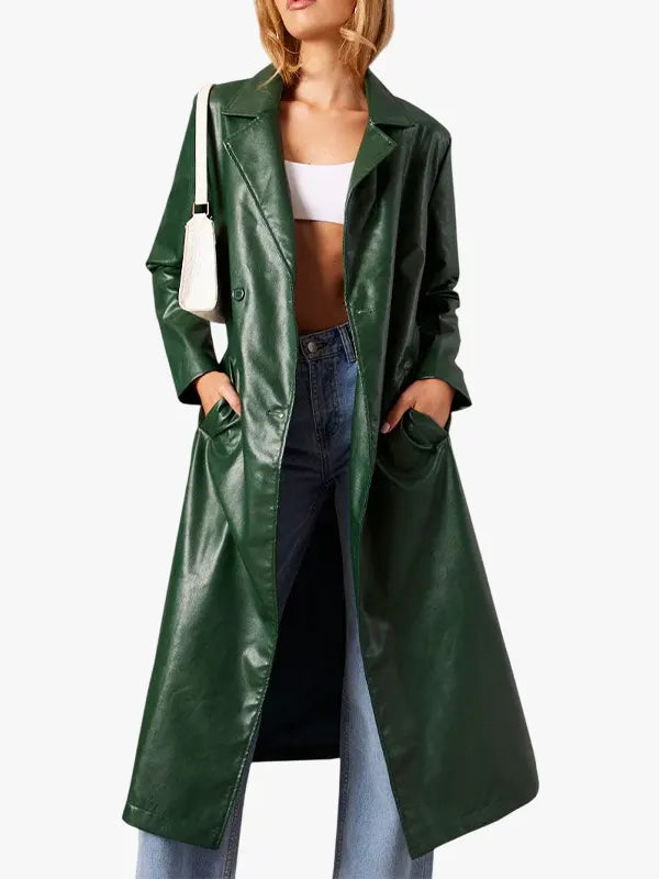 Green Trench Coat Long Sleeves Faux Leather