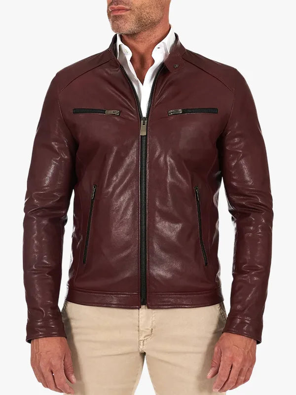 Hamilton - Bordeaux Vegetable Leather Jacket Four Zipper Pockets Vintage Effect For Men's