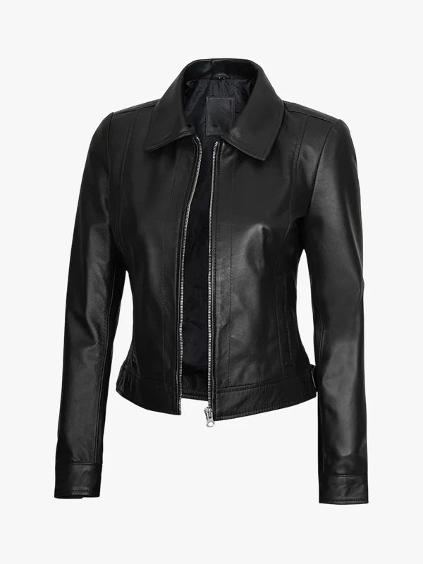 Harrington Style Black Real Leather Jacket Women