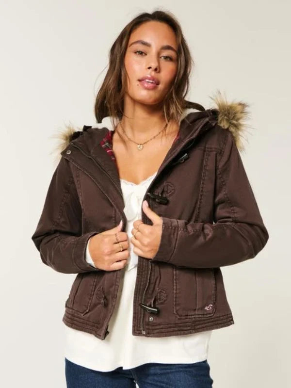 Hollister Brown Holiday Vault Release Twill Faux Fur Trim Hooded Bomber Jacket