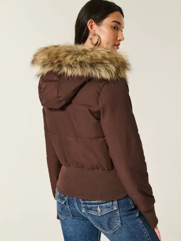 Hollister Faux Fur Hooded Bomber Jacket Brown