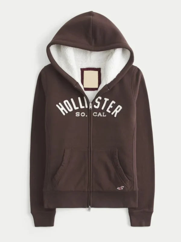 Hollister Holiday Vault Release Sherpa-Lined Zip-Up Logo Graphic Hoodie