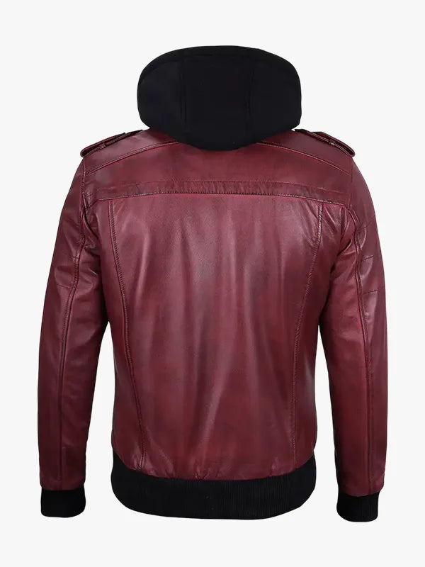 Hood in Burgundy Leather Jacket For Men's