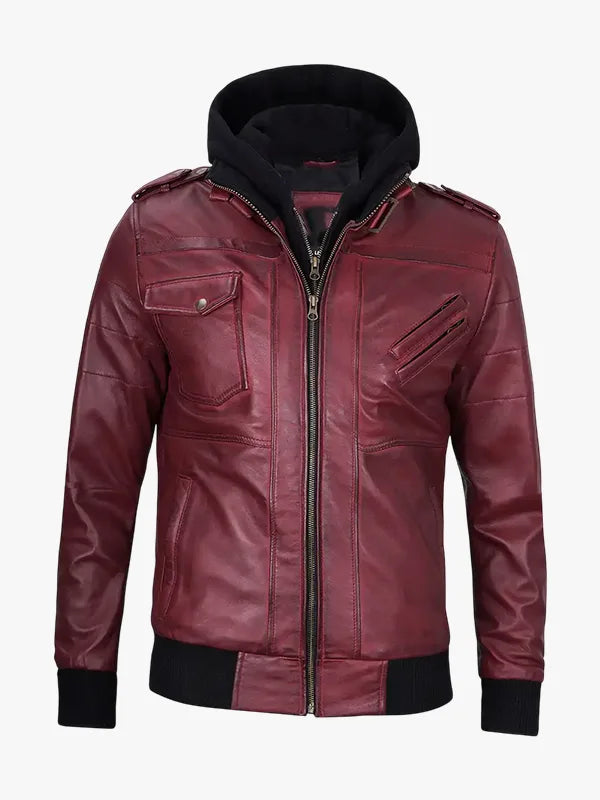 Hood in Burgundy Men Leather Jacket