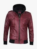 Hood in Burgundy Men Leather Jacket