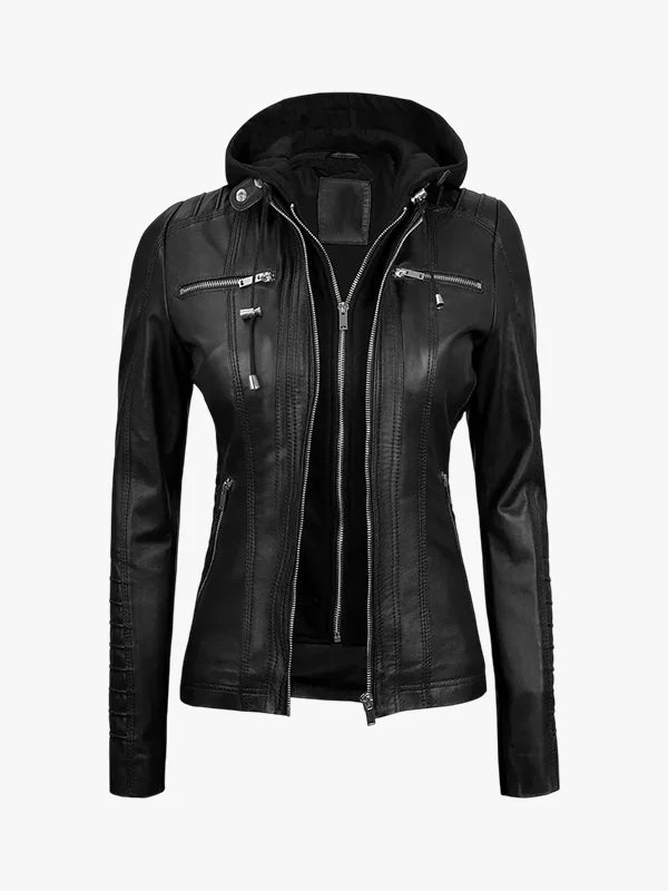 Hooded Black Leather Jacket Womens