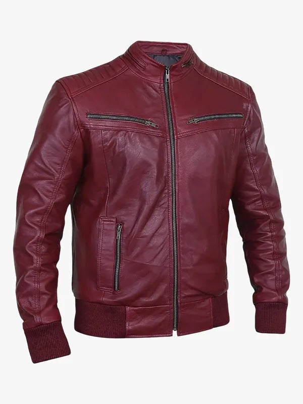 Jade Maroon Bomber Moto Leather Jacket