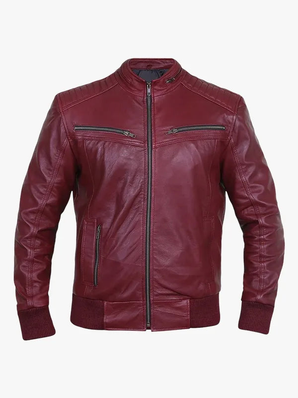Jade Mens Maroon Bomber Moto Leather Jacket