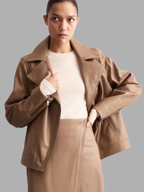 Jaeger Oversized Leather Biker Jacket Brown