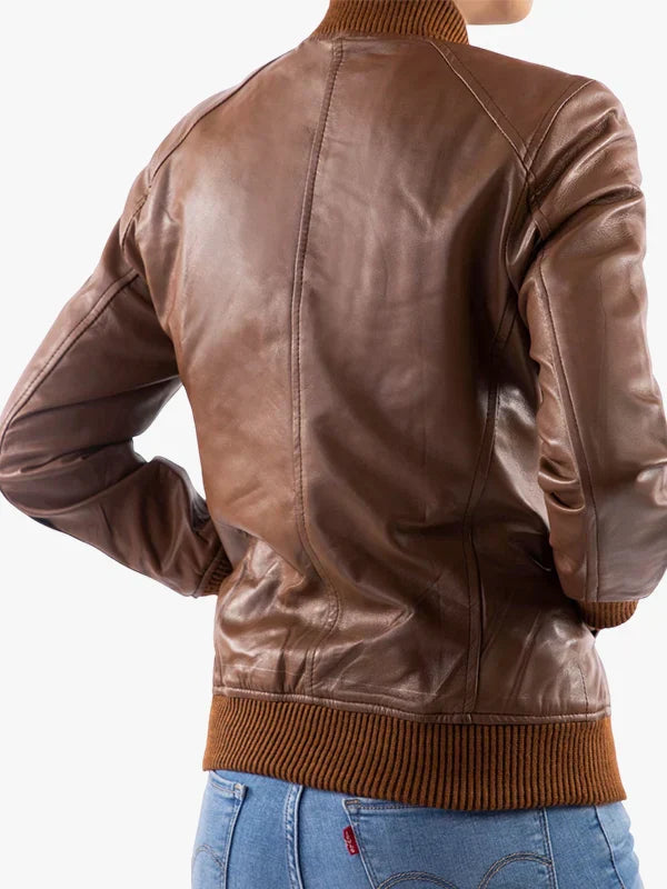 Jild Leather Brown Classic Baseball Cognac Leather Bomber Style Jacket