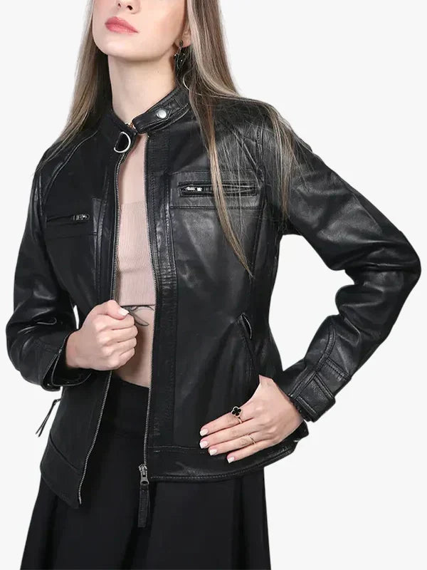 Johnson Women Black Cafe Racer Leather Jacket