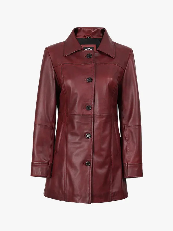 Kandis Women's Burgundy Leather Car Coat