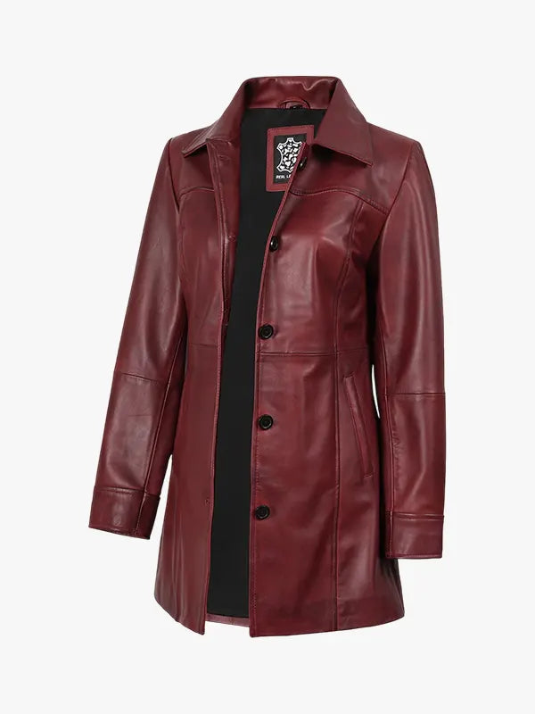Kandis Women's Burgundy Real Leather Car Coat