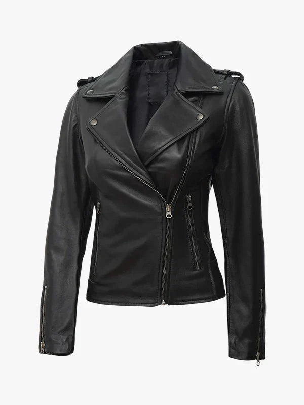 Kirsten Black Asymmetrical Leather Motorcycle Jacket