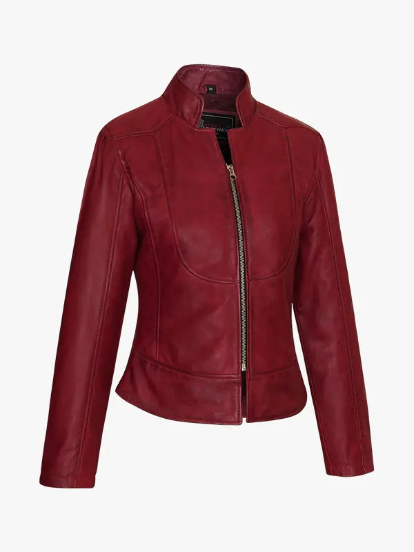 Ladies Burgundy Fitted Leather Jacket