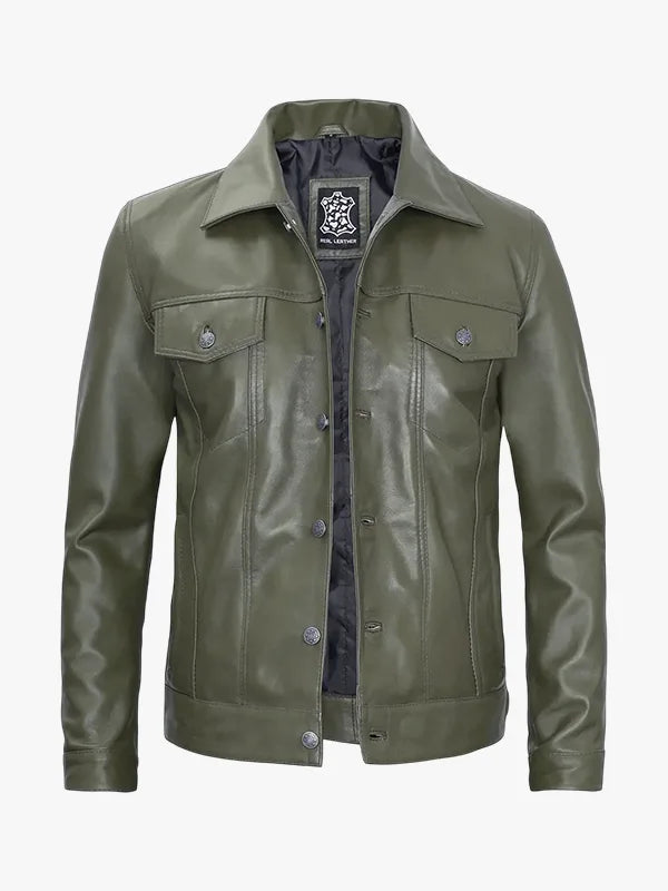 Leather Jacket Mens Dark Green Trucker